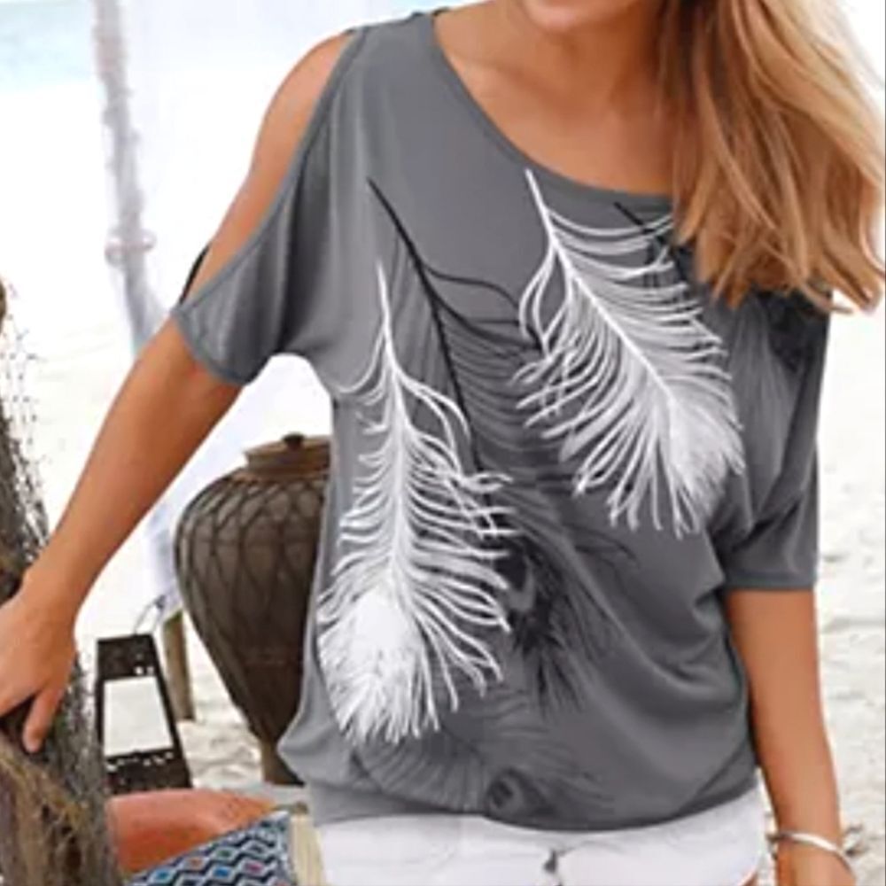 LASCANA Gray Feather Graphic Print Cold Shoulder T-Shirt